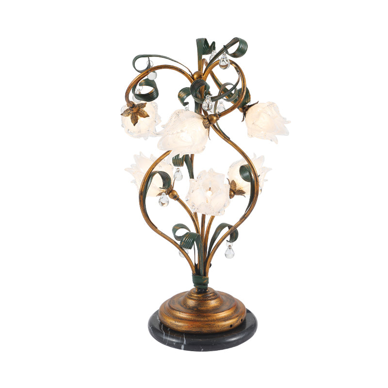 6 Bulbs Floral Table Lamp Pastoral Style Brass Metal LED Nightstand Lighting for Bedroom