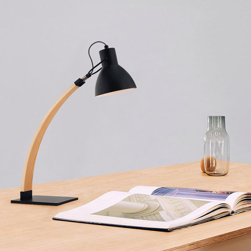 Domed Table Light Modern Metal 1 Head White/Black Small Desk Lamp with Curved Wood Arm