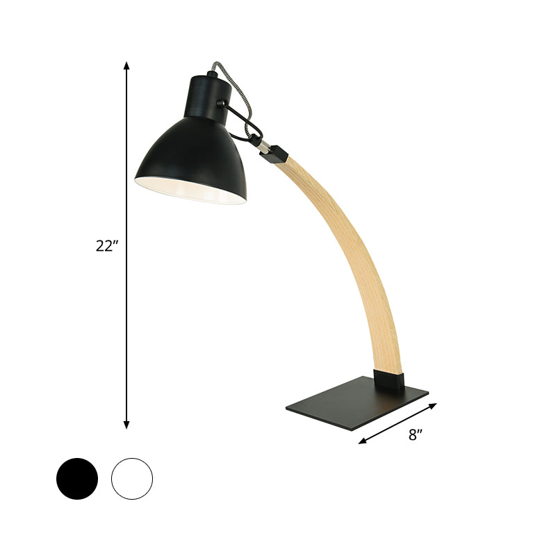 Domed Table Light Modern Metal 1 Head White/Black Small Desk Lamp with Curved Wood Arm