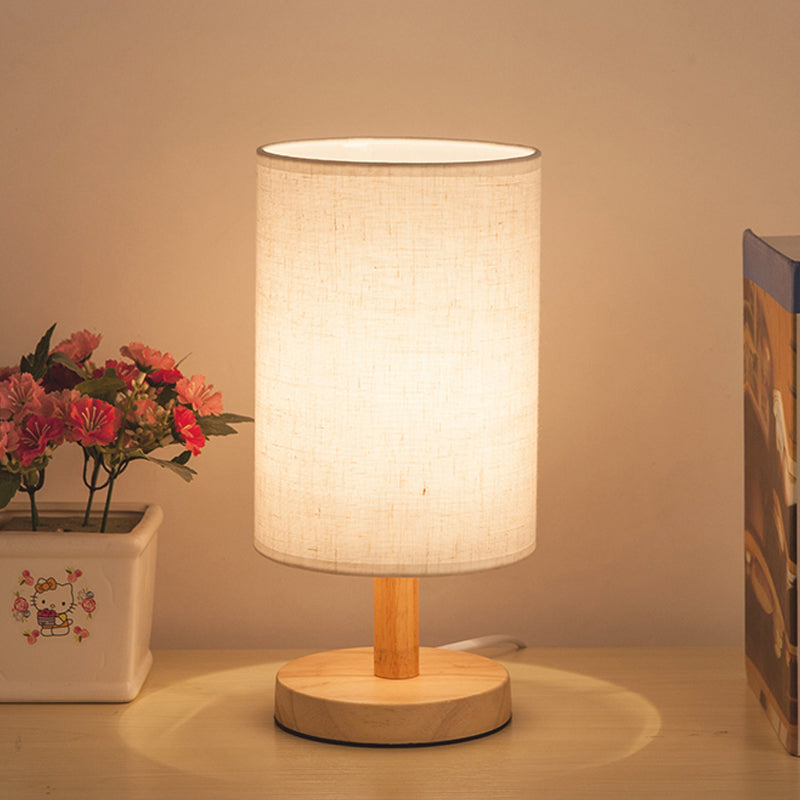 Fabric Cylinder Task Lighting Japanese 1 Bulb Reading Lamp in White/Flaxen with Wood Base