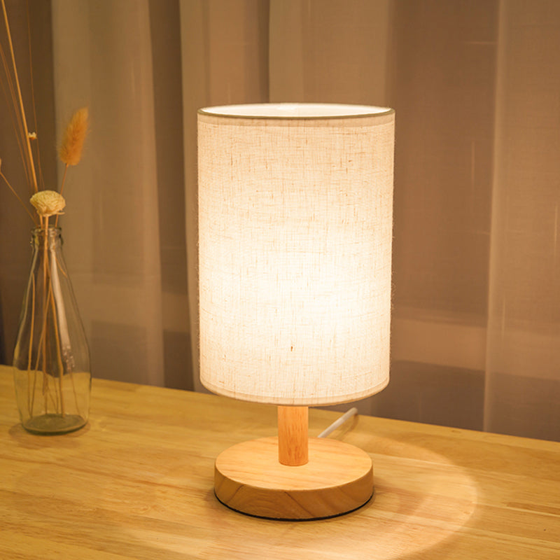 Fabric Cylinder Task Lighting Japanese 1 Bulb Reading Lamp in White/Flaxen with Wood Base