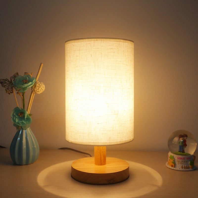 Fabric Cylinder Task Lighting Japanese 1 Bulb Reading Lamp in White/Flaxen with Wood Base