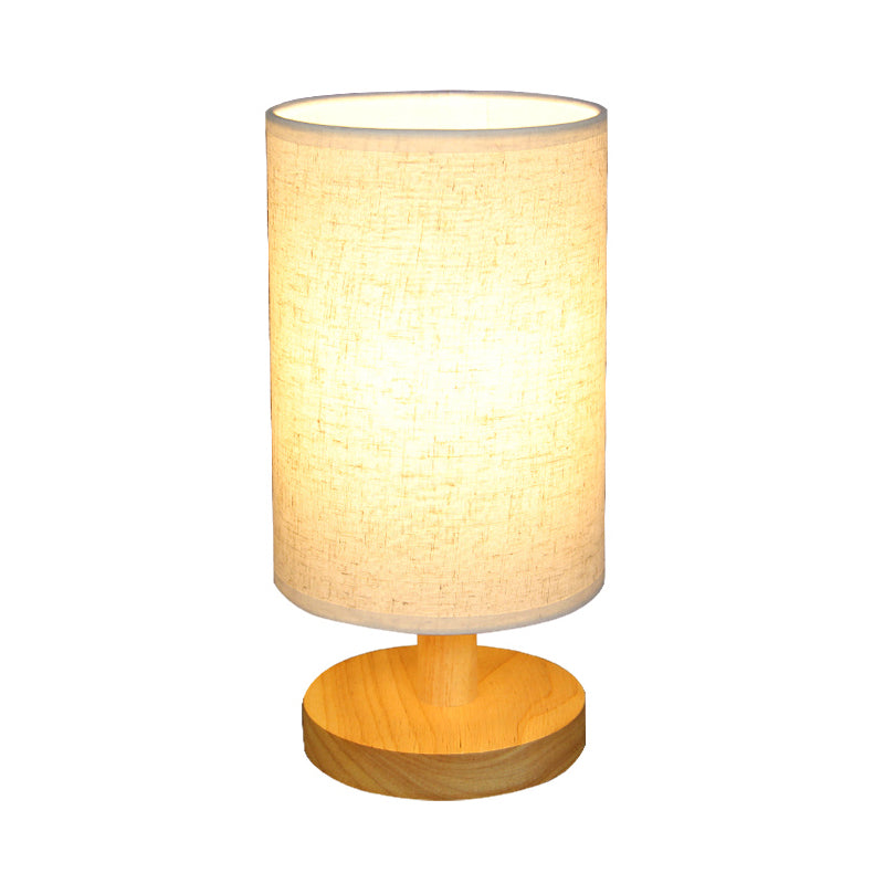 Fabric Cylinder Task Lighting Japanese 1 Bulb Reading Lamp in White/Flaxen with Wood Base