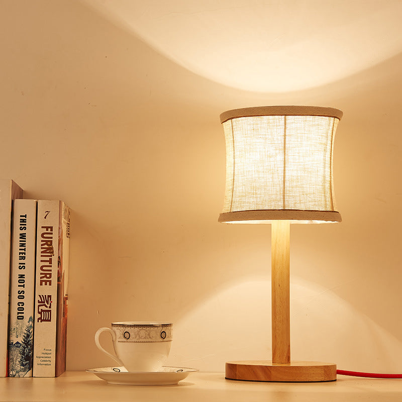 1 Bulb Bedroom Task Light Chinese Beige Night Table Lamp with Barrel Fabric Shade