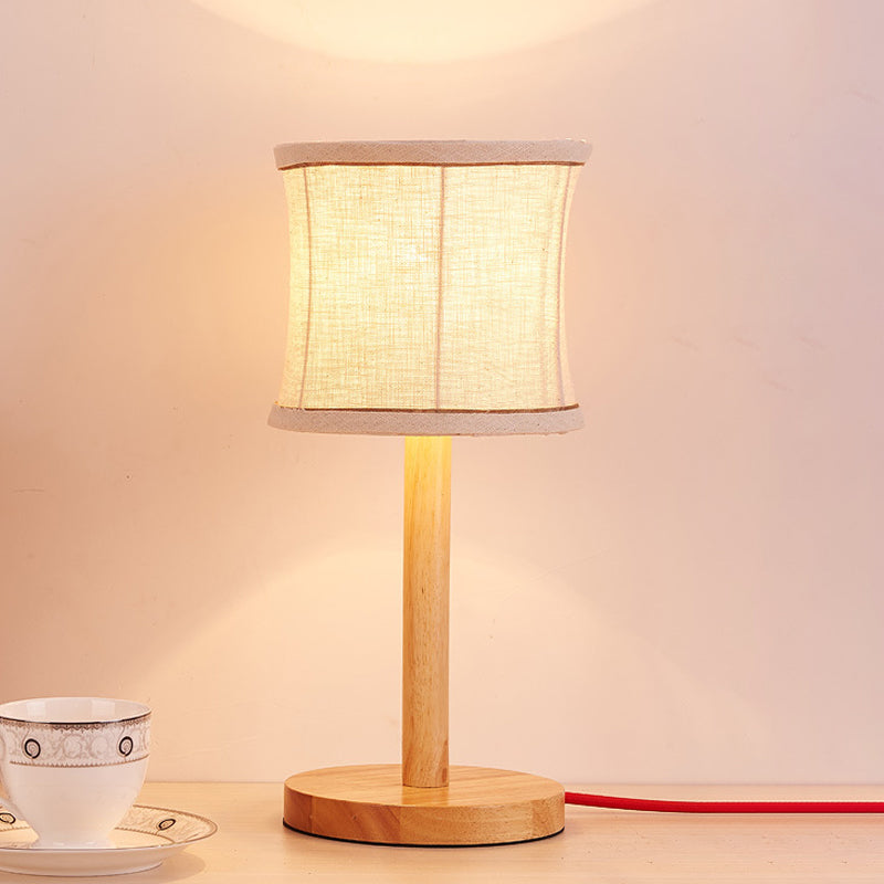 1 Bulb Bedroom Task Light Chinese Beige Night Table Lamp with Barrel Fabric Shade