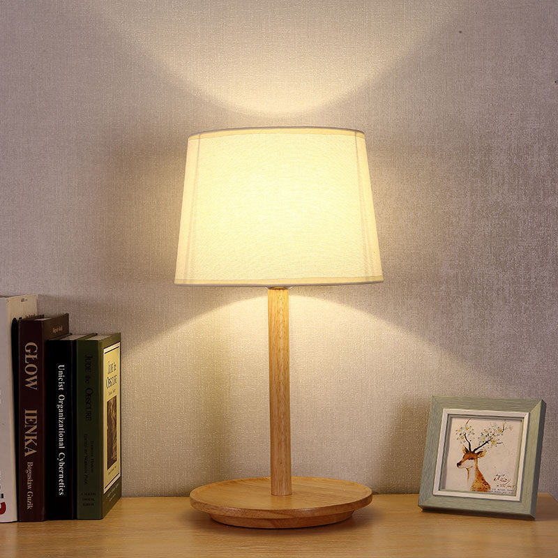 Barrel Task Lamp Modernist Fabric 1 Bulb White Table Light, Round Beige Wood Base