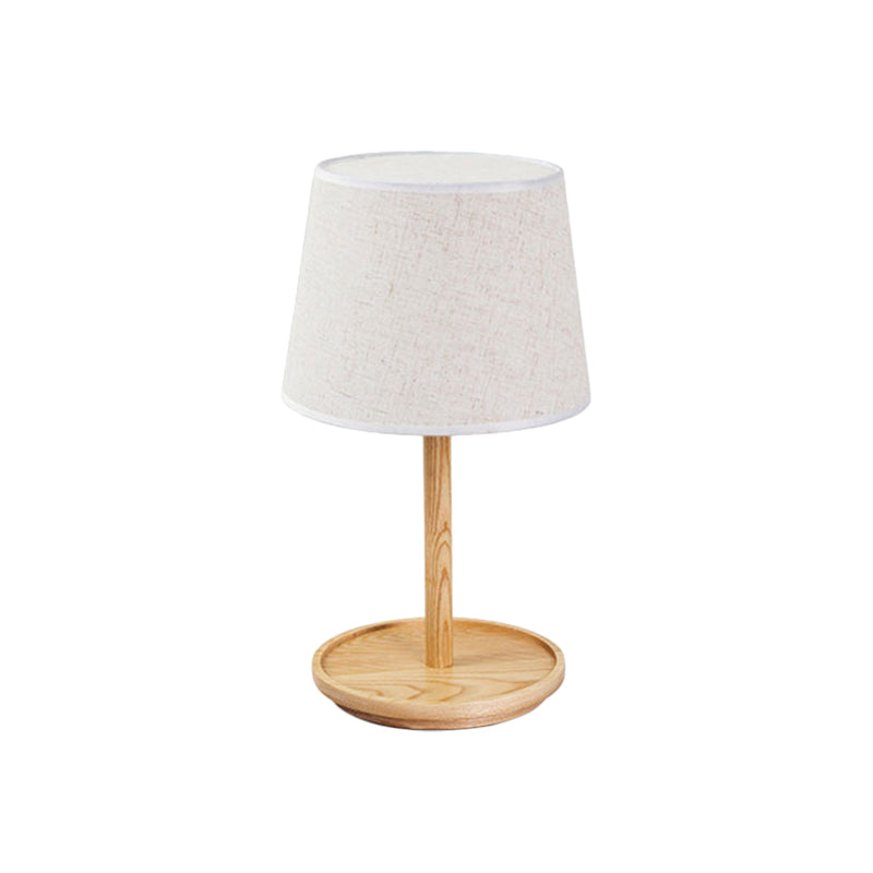 Barrel Task Lamp Modernist Fabric 1 Bulb White Table Light, Round Beige Wood Base