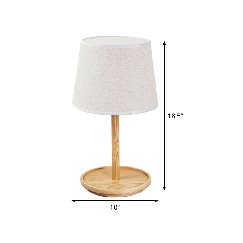 Barrel Task Lamp Modernist Fabric 1 Bulb White Table Light, Round Beige Wood Base