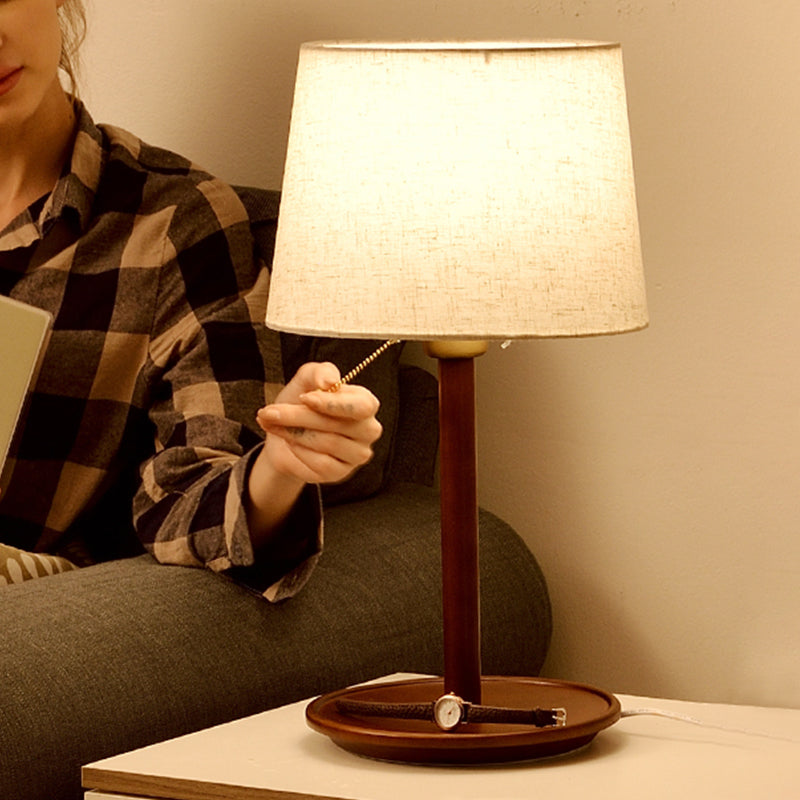 1 Head Conical Table Light Modernist Fabric Small Desk Lamp in Red Brown/Wood with Pull Chain