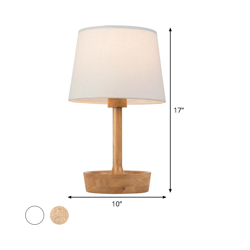 Cone Shade Fabric Task Lamp Modern 1 Bulb Flaxen/White Reading Light, Round Beige Wood Base