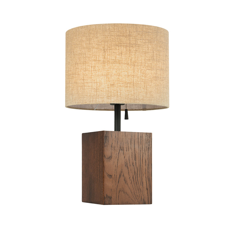 Flaxen Cylinder Desk Light Modern 1 Bulb Fabric Table Lamp, Brown Rectangular Wood Base