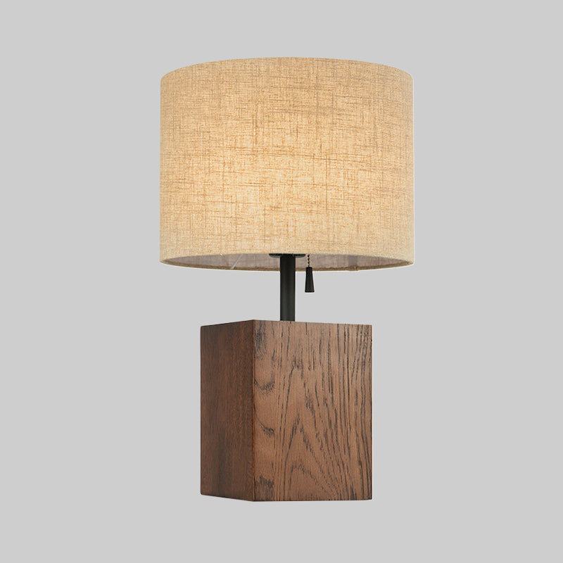 Flaxen Cylinder Desk Light Modern 1 Bulb Fabric Table Lamp, Brown Rectangular Wood Base