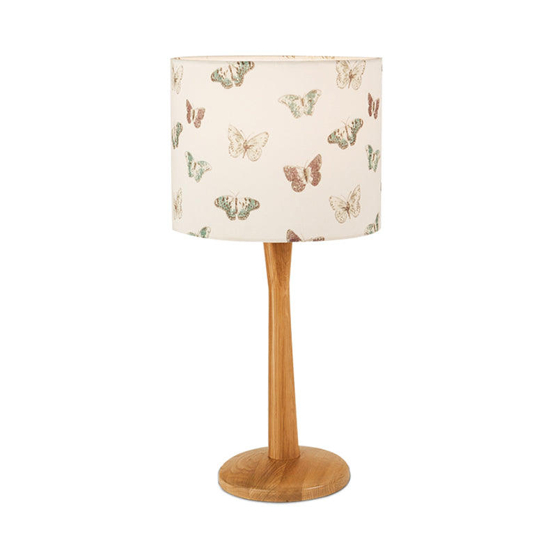 Wood Barrel Study Lamp Modernism 1 Head Fabric Task Lighting with Butterfly/Flower Pattern