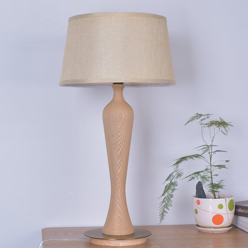 Modern Urn-Shaped Desk Lamp Wood 1 Bulb Table Light in Beige with Drum Fabric Shade