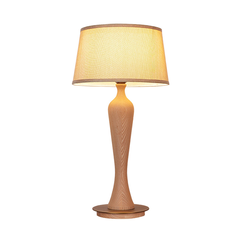 Modern Urn-Shaped Desk Lamp Wood 1 Bulb Table Light in Beige with Drum Fabric Shade