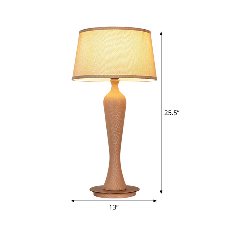 Modern Urn-Shaped Desk Lamp Wood 1 Bulb Table Light in Beige with Drum Fabric Shade