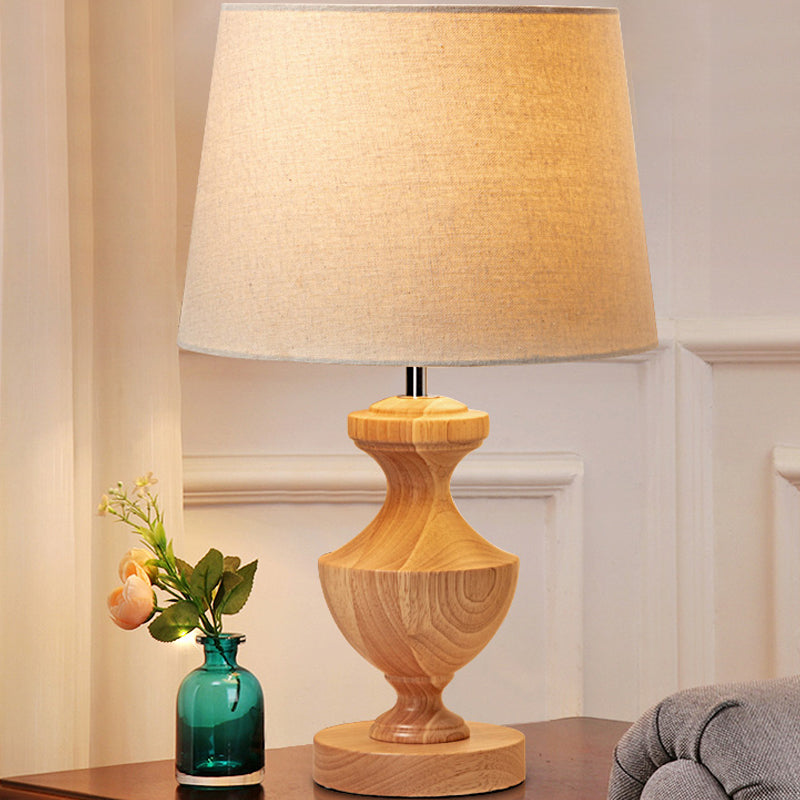 Urn Shape Nightstand Lamp Modern Wood 1 Bulb Reading Light in Beige with Fabric Shade