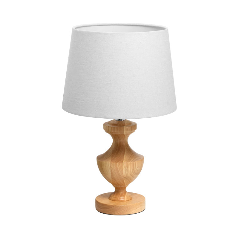 Urn Shape Nightstand Lamp Modern Wood 1 Bulb Reading Light in Beige with Fabric Shade