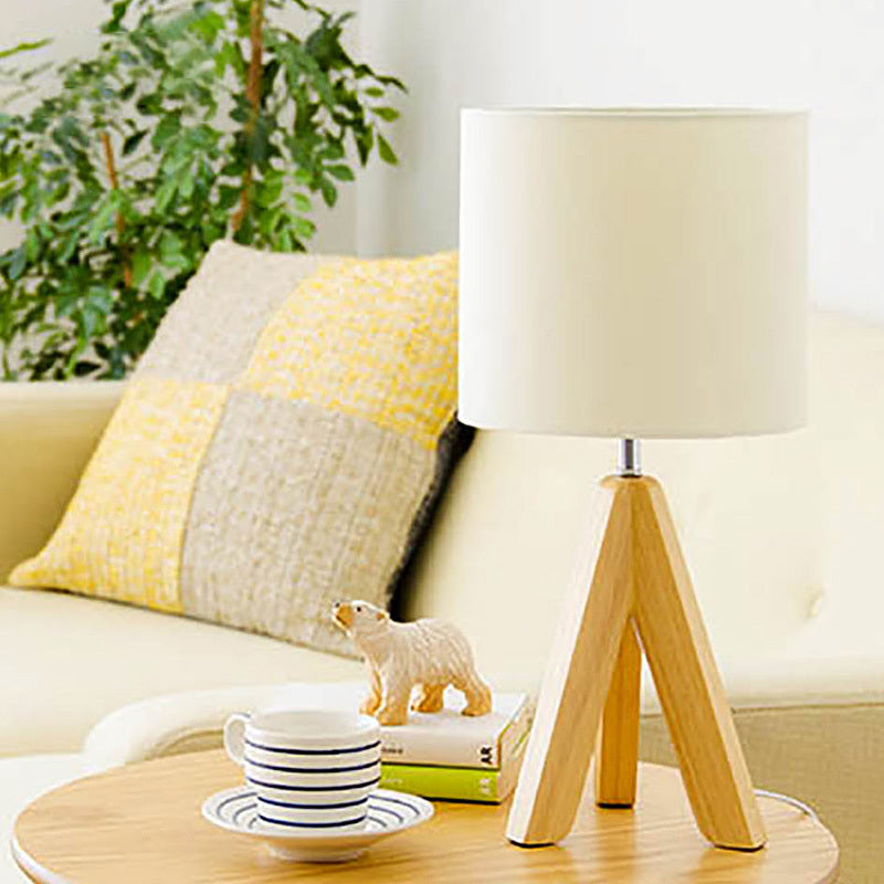 Fabric Cylinder Table Light Modern 1 Bulb White Small Desk Lamp with Wood Tripod