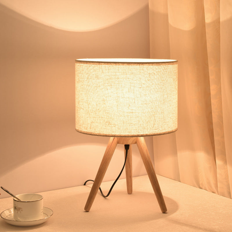 1 Bulb Bedside Task Lighting Modern Wood Night Table Lamp with Cylinder Fabric Shade