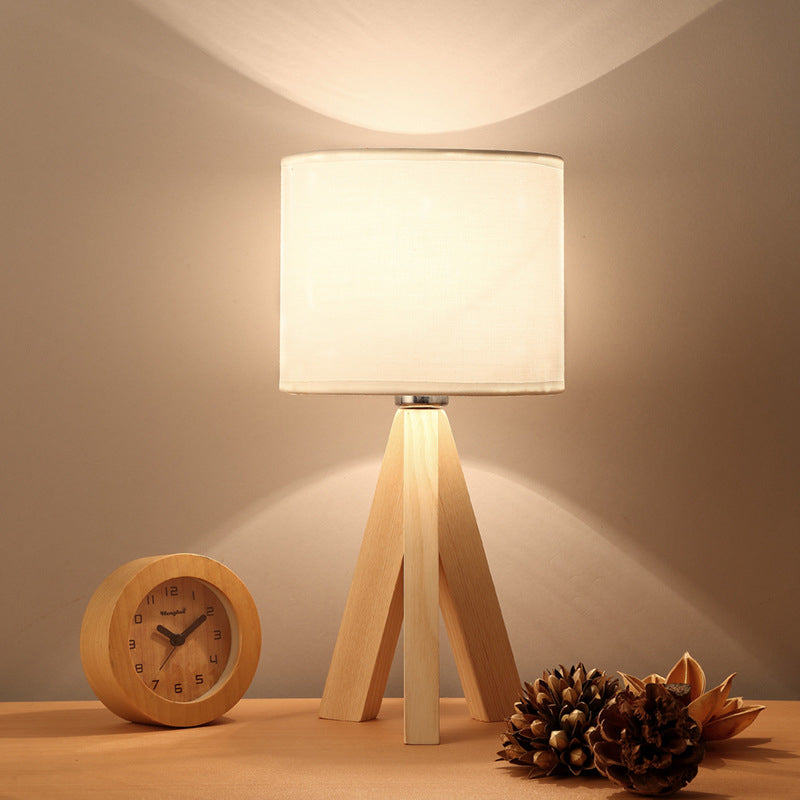 Lampe à tâche cylindrique modernisme tissu 1 ampoule blanche Lumière de lecture avec trépied en bois