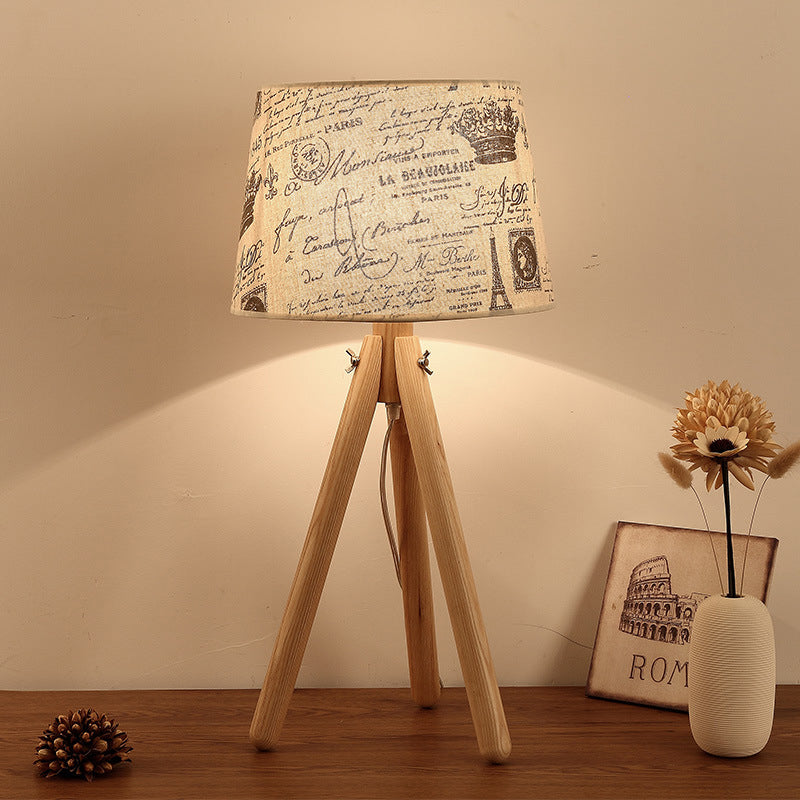 Contemporary 1 Head Task Lighting Wood Conical Small Desk Lamp with Fabric Shade