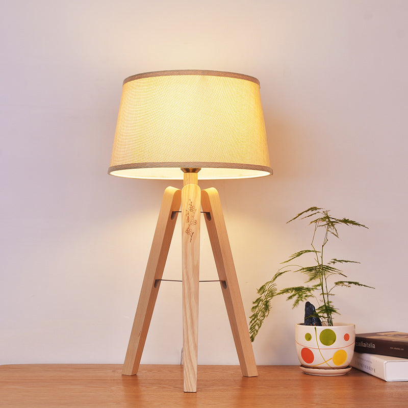 Fabric Tapered Desk Light Modernist 1 Bulb Night Table Lamp in Brown/Beige with Wood Tripod