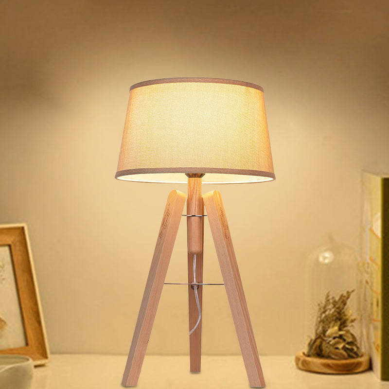 Fabric Tapered Desk Light Modernist 1 Bulb Night Table Lamp in Brown/Beige with Wood Tripod