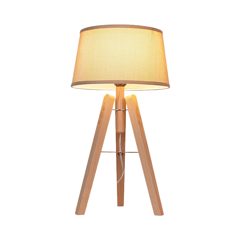 Fabric Tapered Desk Light Modernist 1 Bulb Night Table Lamp in Brown/Beige with Wood Tripod