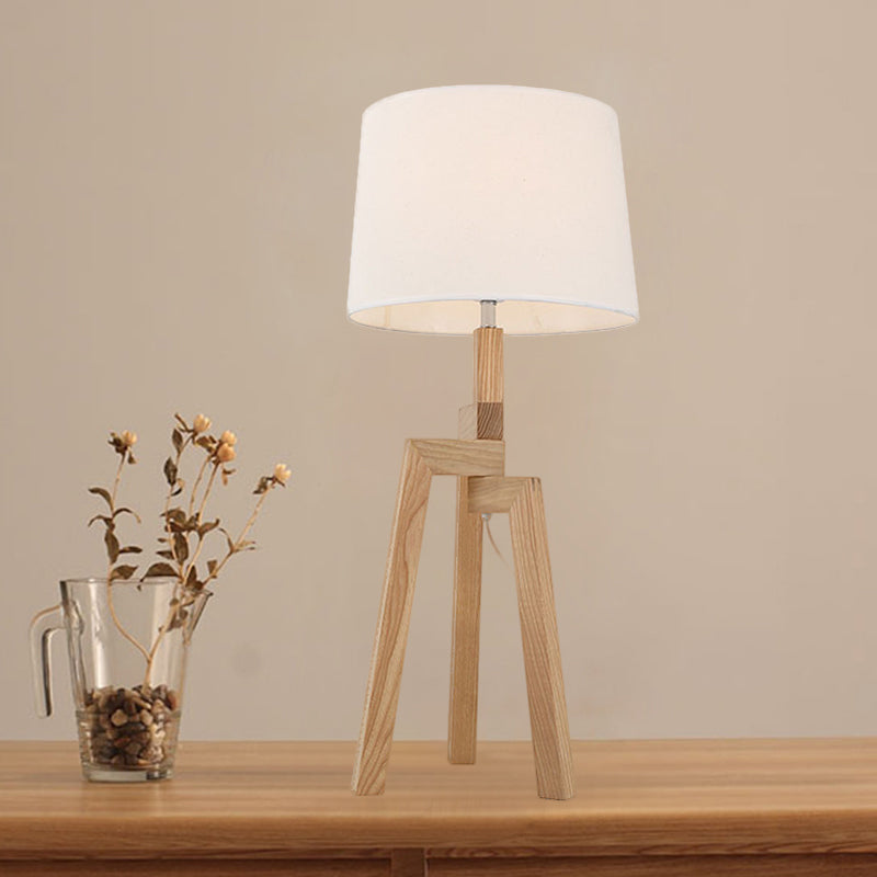 1 Head Barrel Shade Desk Lamp Modern Fabric Table Light in White with Wood Tripod