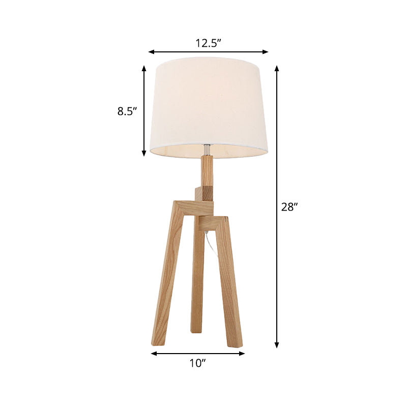 1 Head Barrel Shade Desk Lamp Modern Fabric Table Light in White with Wood Tripod