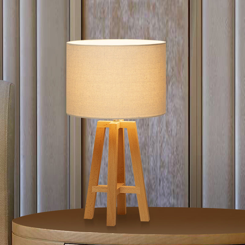 Contemporary Cylindrical Nightstand Lamp Fabric 1 Head Reading Book Light in Flaxen/White