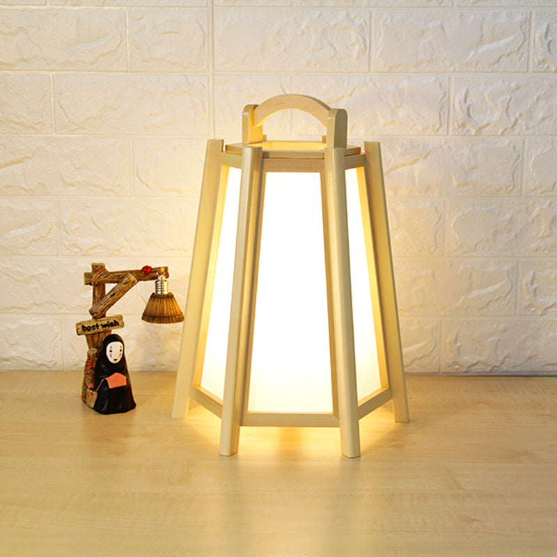 Japanese Tapered Shape Task Lighting Wood 1 Head Nightstand Lamp in Beige with Handle