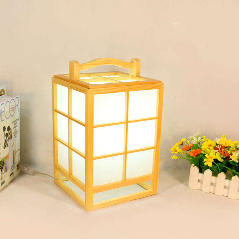 Japanese Rectangular Table Light Wood 1 Bulb Small Desk Lamp in Beige with Handle