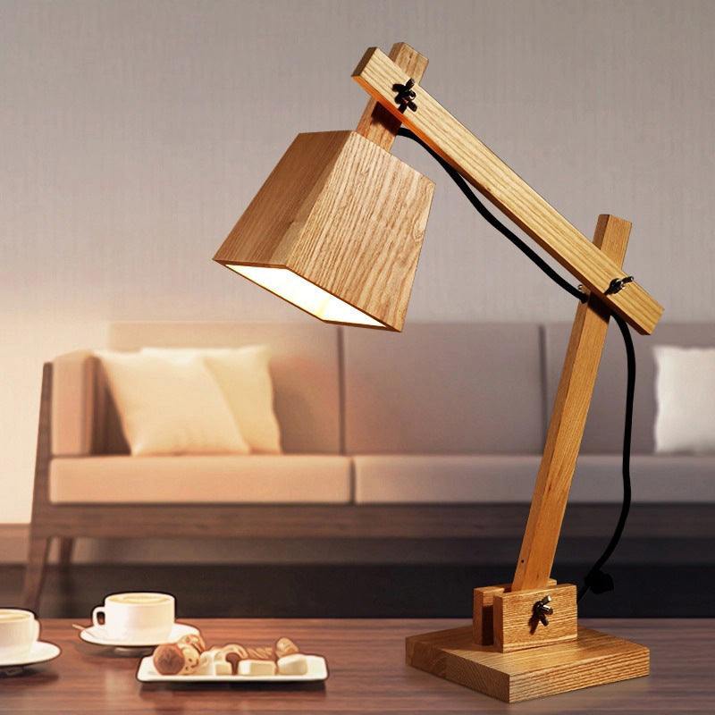 1 tavolo da letto lampadina leggera lampada da scrivania marrone moderna con tonalità in legno trapezio