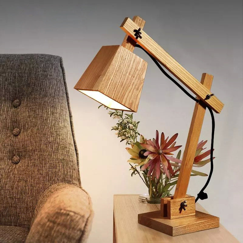 1 table de chambre à coucher lumineuse moderne petite lampe de bureau marron moderne avec nuance de bois trapézoïde