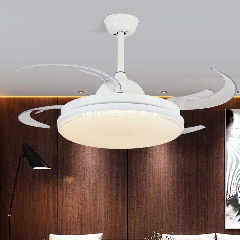 42" W LED Hanging Fan Lighting Contemporary Living Room Semi Flush Ceiling Light with Round Acrylic Shade in White, 4 Blades