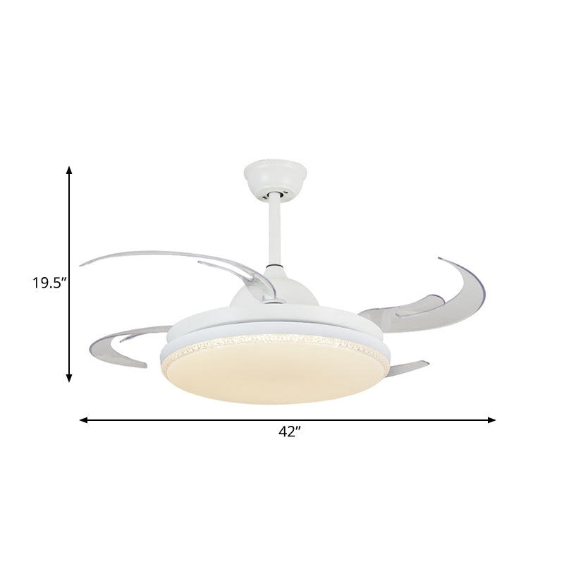 42" W LED Hanging Fan Lighting Contemporary Living Room Semi Flush Ceiling Light with Round Acrylic Shade in White, 4 Blades