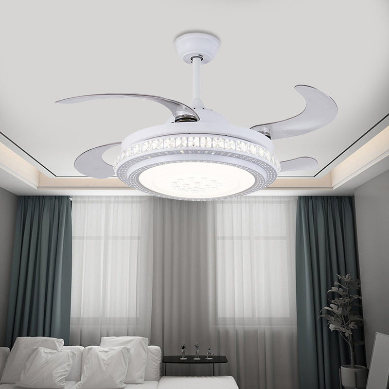 42" W Circular Metal Hanging Fan Lamp Contemporary LED Bedroom Semi Flush Mount Light in White with 4 Blades, Remote Control/Frequency Conversion and Remote Control