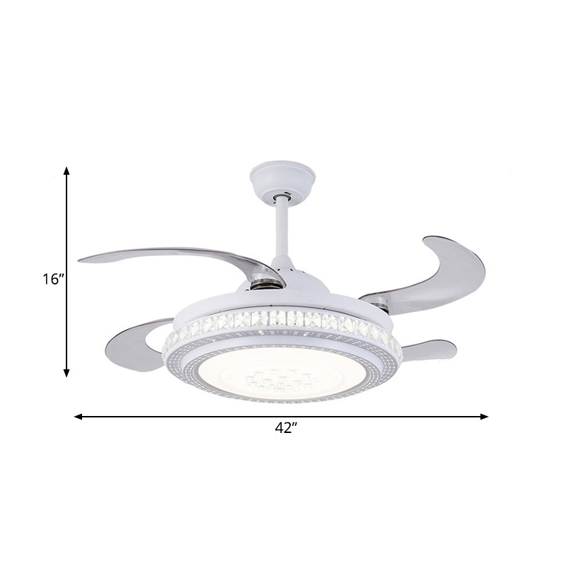 42" W Circular Metal Hanging Fan Lamp Contemporary LED Bedroom Semi Flush Mount Light in White with 4 Blades, Remote Control/Frequency Conversion and Remote Control