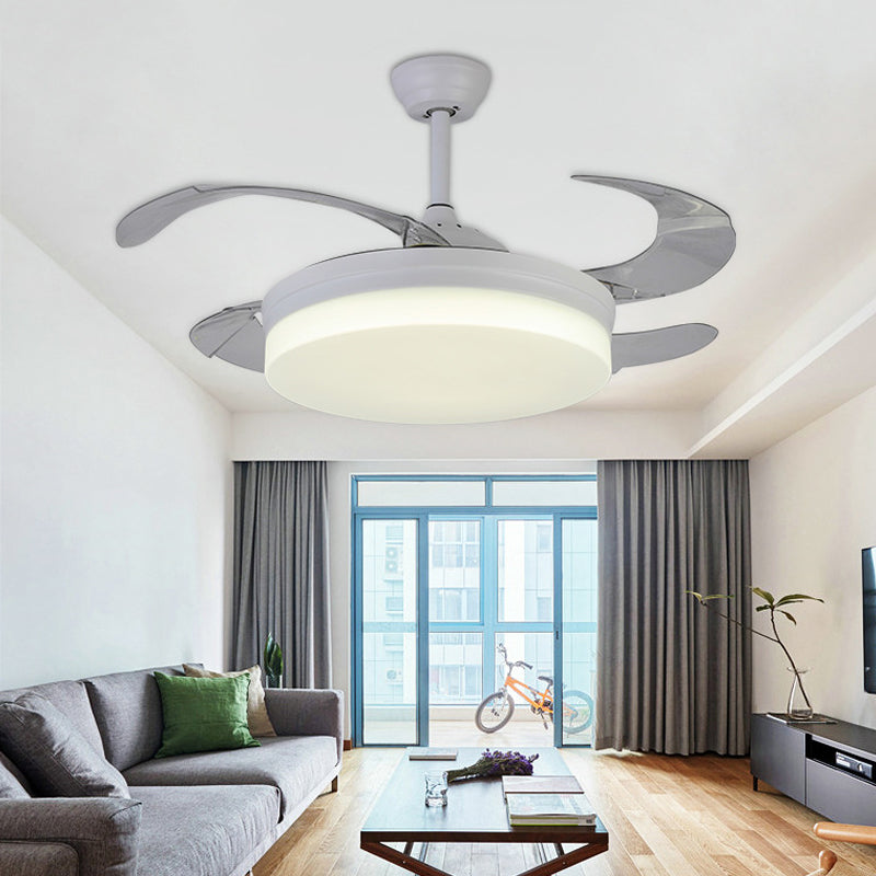 42" Wide Minimalism Round Pendant Fan Lighting LED Acrylic Semi Flush Mount Light in White with 4 Blades, Remote/Wall Control/Remote and Wall Control