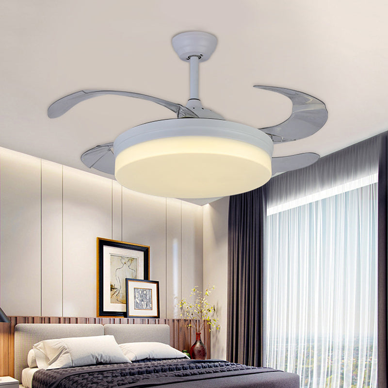 42" Wide Minimalism Round Pendant Fan Lighting LED Acrylic Semi Flush Mount Light in White with 4 Blades, Remote/Wall Control/Remote and Wall Control