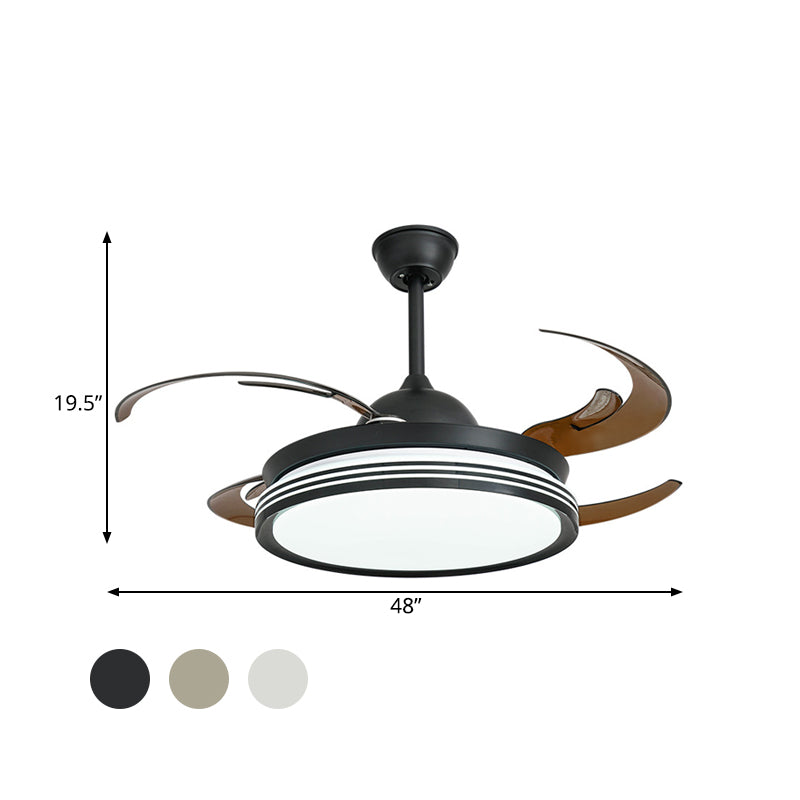 48" W Contemporary Circle Pendant Fan Lamp LED Acrylic Semi Flush Mount Ceiling Light in Black/White/Nickle for Bedroom, 8 Blades