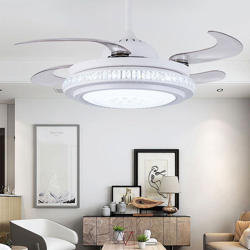 36" W Simple Circular Hanging Fan Lighting LED Acrylic Semi Flush Ceiling Light Fixture in White with 4 Blades, Remote/Wall Control/Remote and Wall Control