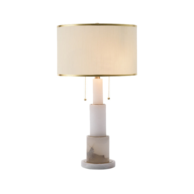 White Cylinder Desk Light Modern 2 Heads Fabric Night Table Lamp with Pull Chain