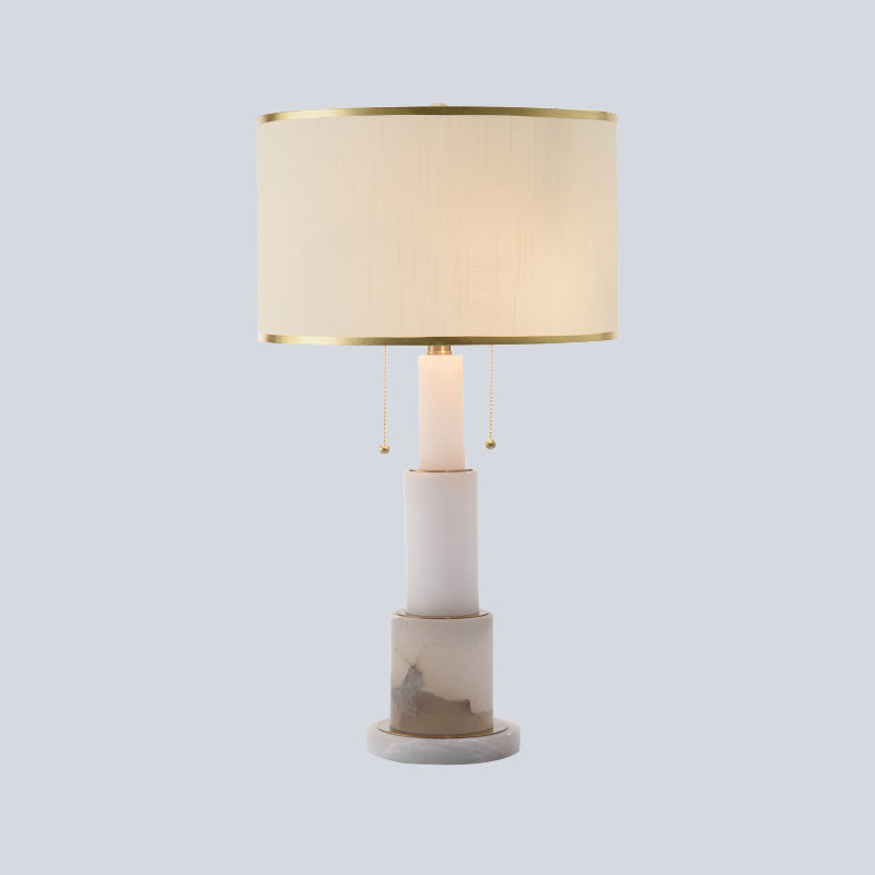 White Cylinder Desk Light Modern 2 Heads Fabric Night Table Lamp with Pull Chain