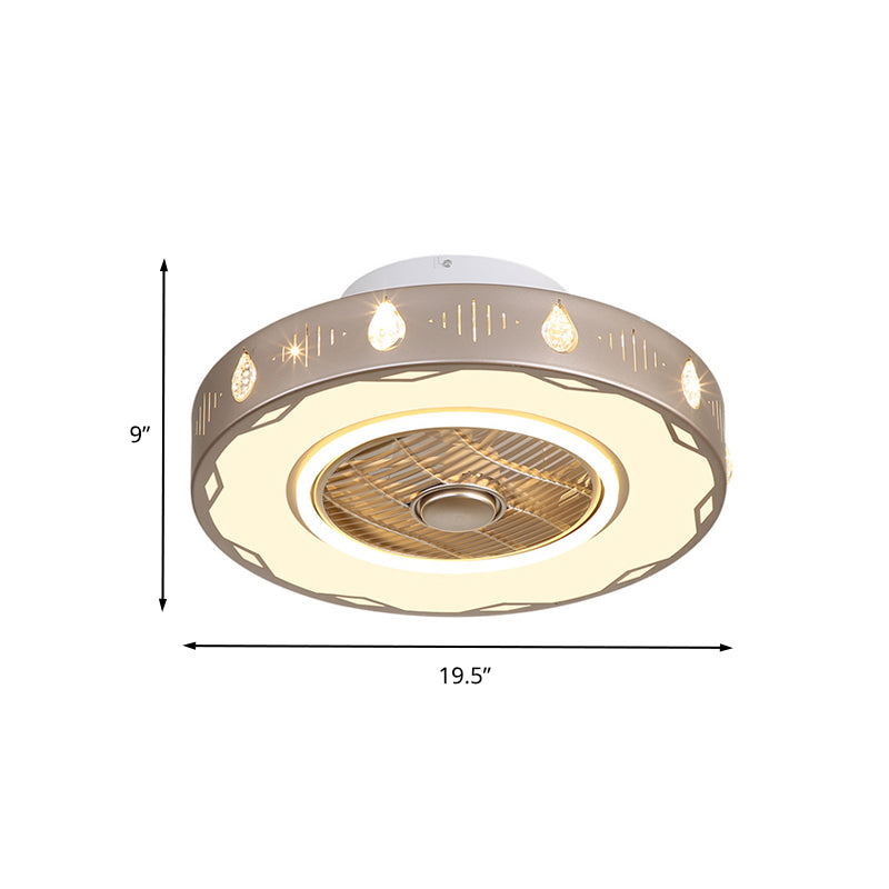 Circle Bedroom Semi Flush Mount Light Modern Acrylic LED Champagne Hanging Ceiling Fan Lamp, 19.5"/23.5" W