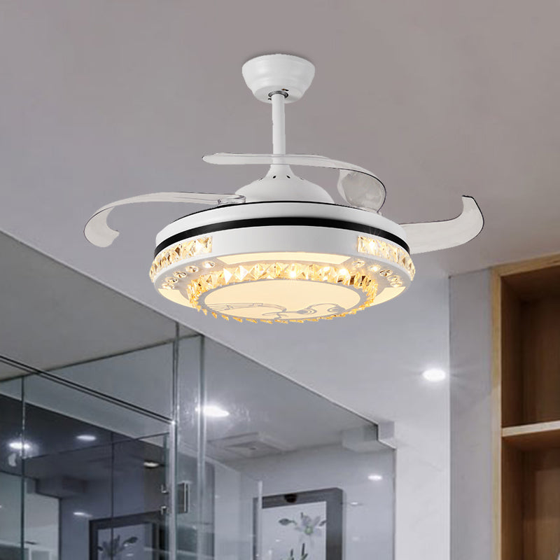 White LED Semi Flushmount Modernist Crystal Circle 3 Clear Blades Ceiling Fan Lamp with Four Rings/Musical Note Pattern, 42" Wide