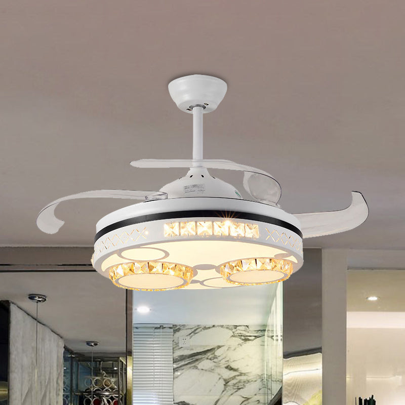 White LED Semi Flushmount Modernist Crystal Circle 3 Clear Blades Ceiling Fan Lamp with Four Rings/Musical Note Pattern, 42" Wide