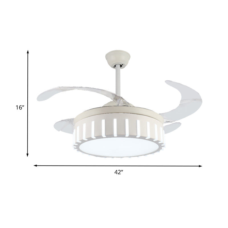 Simple Drum Semi Flush Ceiling Lamp Metal LED Pendant Fan Light in White with 4 Clear Blades for Bedroom, 42" Wide